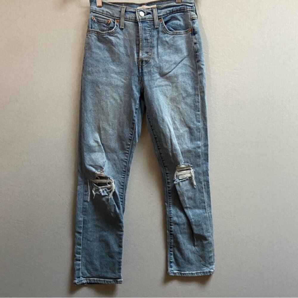 Levis Wedgie Straight Fringe Distressed Denim Button Fly High Rise Jeans Sz 26